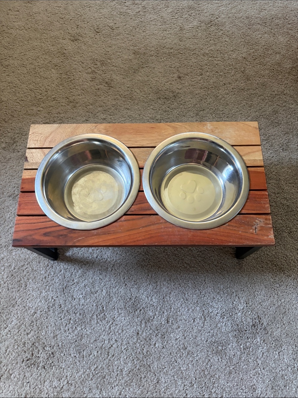 Dog Elevated Double Feeder - Stainless Steel Bowls with Brown Wood Stand